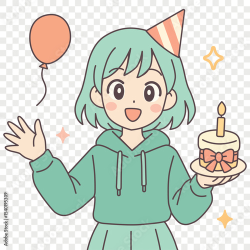 Anime girl celebrating birthday with cake and balloon. Ideal for greeting cards, kids’ content, party invitations, cheerful festive designs. Simple flat vector illustration on transparent background