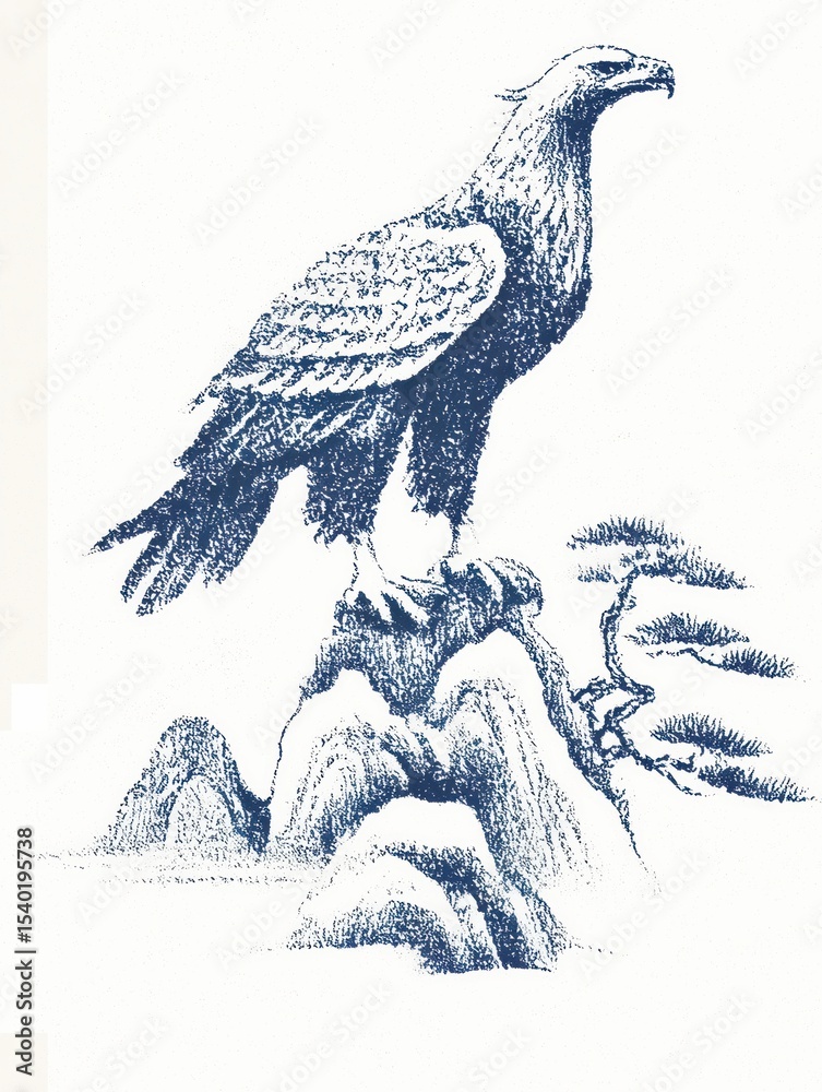 Fototapeta premium Majestic Eagle Perched on Rocky Outcrop with Bonsai Pine Tree Against Stylized Mountain in Detailed Blue Pen-and-Ink Drawing Artwork