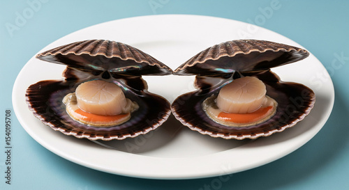 Two opened scallop shells on a white plate,