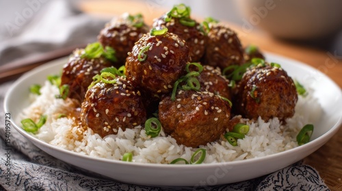 Sticky Pineapple Soy Meatballs served on a platter with rice, garnished with sesame seeds and green onions