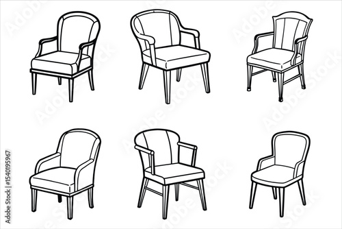 Six Armchair Designs Line Art Black White Illustrations