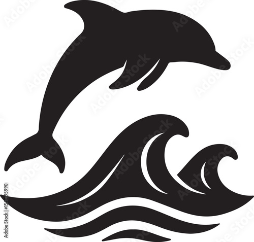 A striking vector silhouette illustration of a dolphin swimming in the ocean, perfect for marine life design or an aquatic icon