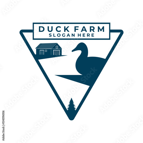 Duck farm sign logo design vector. Triangle with duck and farm house
