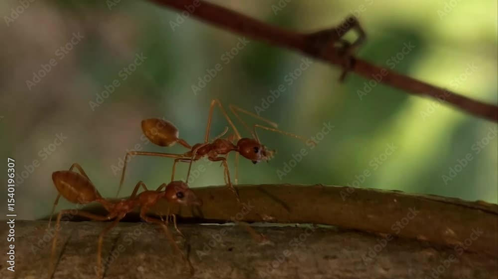 custom made wallpaper toronto digitalHD macro footage, vibrant red ants are captured in slow motion as they walk, swarm, and communicate with detailed antennae and mandibles, their teamwork highlighted against blurred green background.
