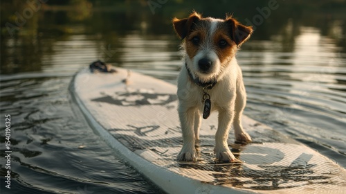 jack russel dog puppy stands on a standup paddle board SUP