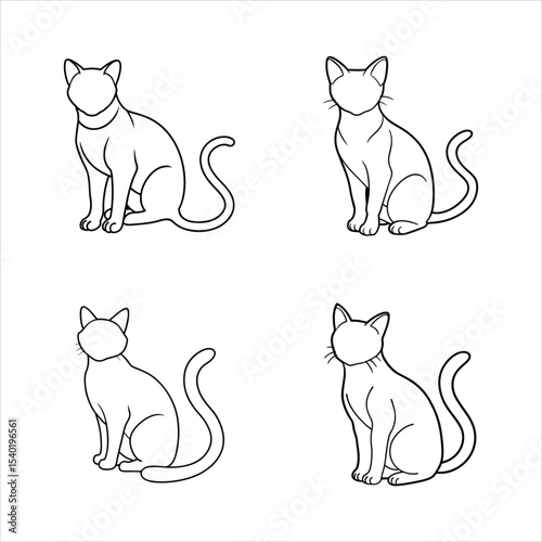 Four Line Art Cats Sitting Outline Drawings White Background