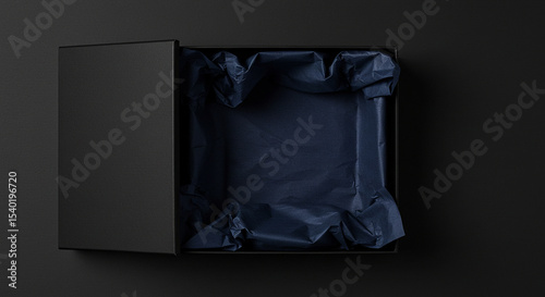 Elegant Black Gift Box Mockup Premium Packaging Design with Navy Blue Tissue Paper for Product Presentation and Branding