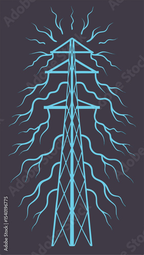 Abstract blue electric pylon design with energy arcs on a transparent background