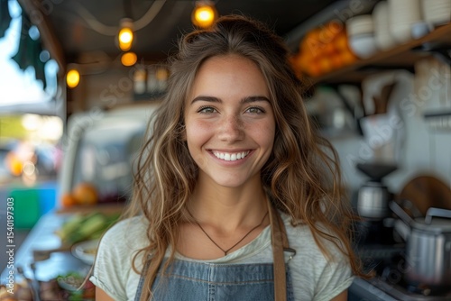 Joyful Woman In Casual Denim Apron At Rustic Market Stall