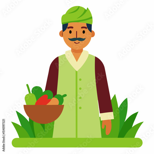 Vector art of a South Asian male farmer holding a basket of fresh vegetables, wearing traditional dress and a smile, standing in a field, vector art, white background