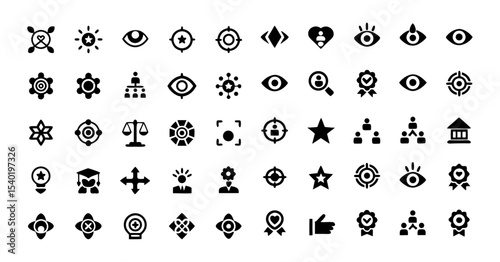Core Values and Leadership Glyph Icon Set – Vector Black Silhouettes of Vision, Ethics, Trust, Teamwork, Motivation, Innovation, Growth, and Business Integrity Concepts