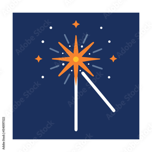 Vector illustration of a sparkler against a dark blue night sky with stars and sparkles