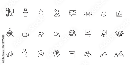 Single Line Conference Icons Set  Minimalist Business Meeting Symbols  Vector Silhouette Illustration