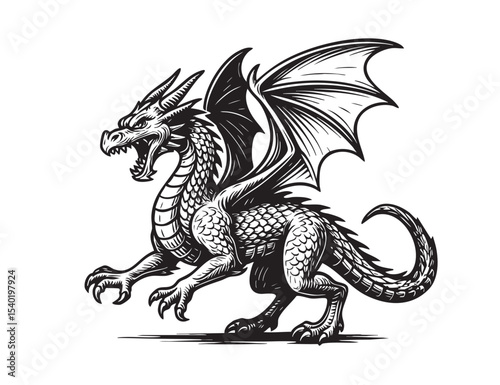 Roaring dragon with wings spread in dynamic pose, black and white engraving style, fierce mythical beast perfect for fantasy prints and tattoos.