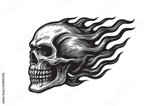 Skull with blazing fire trails, bold black and white vector in vintage engraving style, fierce and edgy design for tattoos, biker art, or apparel.