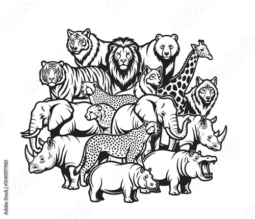 Group of wild animals including lions, elephants, rhinos, wolves, and giraffes in detailed black and white vector style, perfect for nature themes.