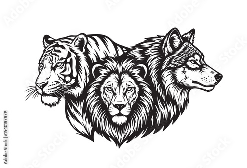 Group of tiger, lion, and wolf heads in bold black and white woodcut style, fierce animals united in a powerful trio design for tattoos or prints.