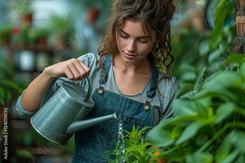 Woman Using A Watering Can In An Indoor Garden