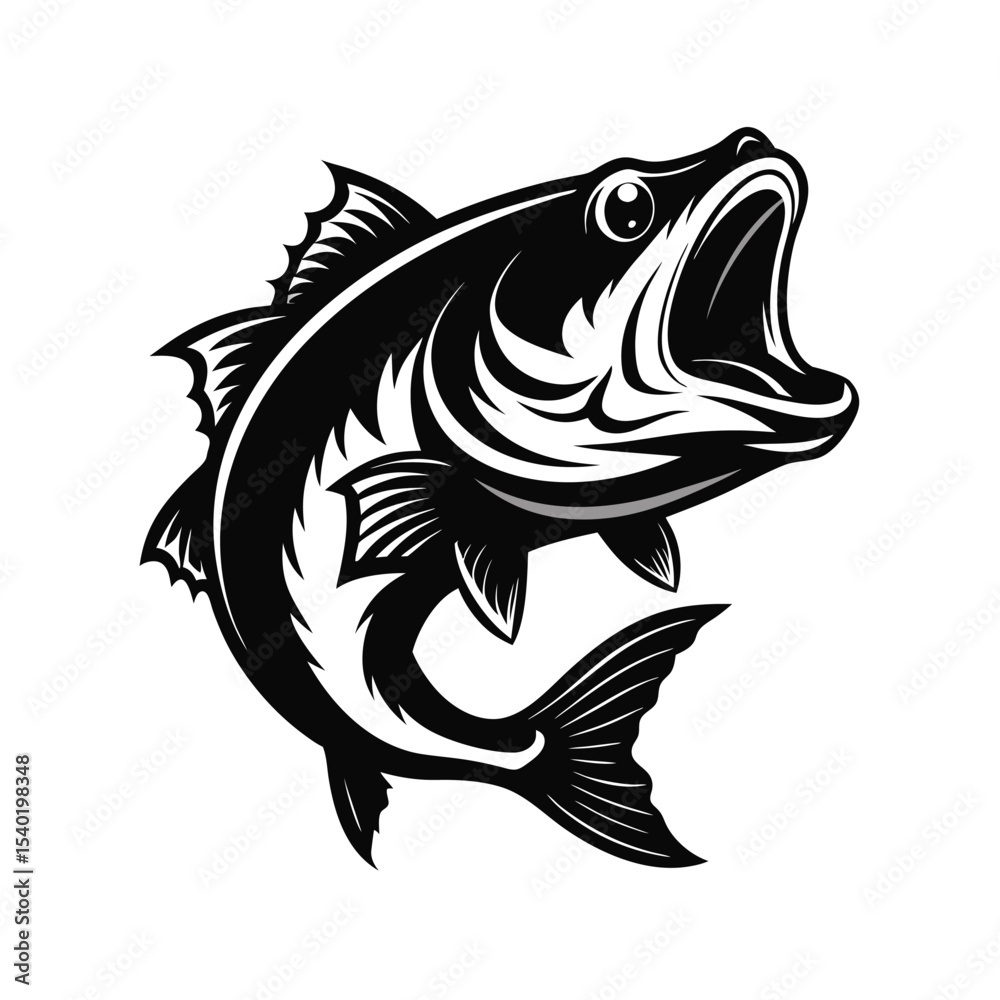 Naklejka premium Black and White Bass Fish Jumping: Aggressive Angling and Fishing Icon