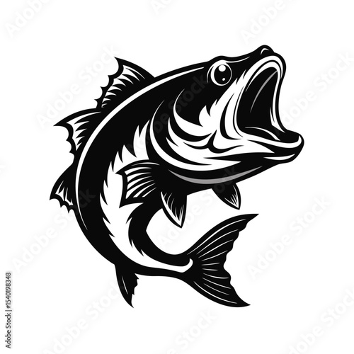 Black and White Bass Fish Jumping: Aggressive Angling and Fishing Icon