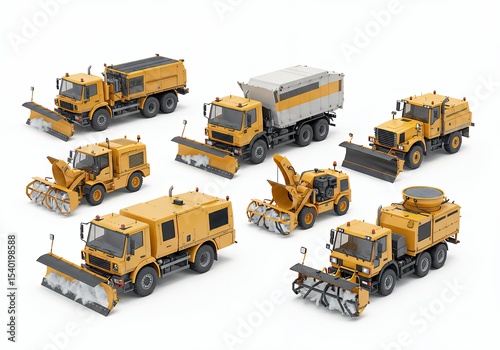 Seven Yellow Pixelated Snow Removal Vehicles on a Clean White Background Ready for Winter Services