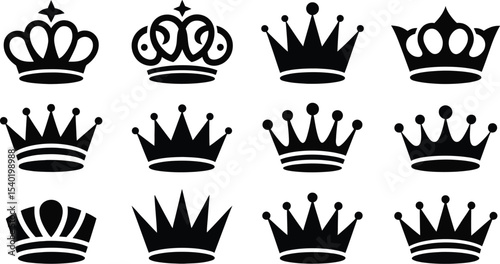 Twelve black crown silhouettes arranged on a light gray background