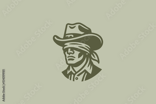 Blindfolded cowboy head engraving style vector illustration

