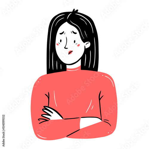 An offended, upset, embarrassed young woman with her arms crossed over his chest in a simple linear doodle style. Vector isolated illustration