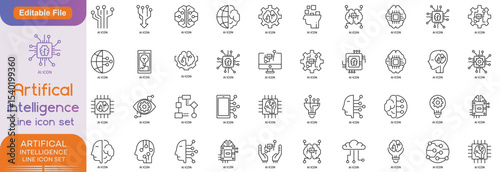 Artificial Intelligence web icons in line style. Innovation technology, virtual, learning, assistant, test, machine, robot, bot, brain, collection. Vector illustration.