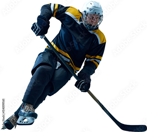 Athlete rushes forward with hockey stick angled for puck control showing forceful sports energy on transparent background. Concept of interactive sports platforms, fitness content