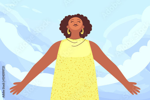 Black woman with open hands, feeling self love, bliss, harmony, positive emotion. Happy calm peaceful girl greets the world. Care, humanity, selfhelp and peace concept. Colored flat illustration