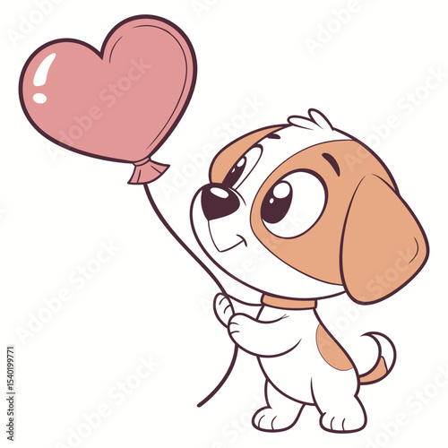 Cute cartoon puppy holding heart balloon vector — love and kindness illustration for kids and greeting cards