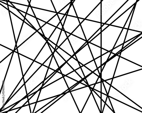Abstract composition of intersecting black lines on a white backdrop