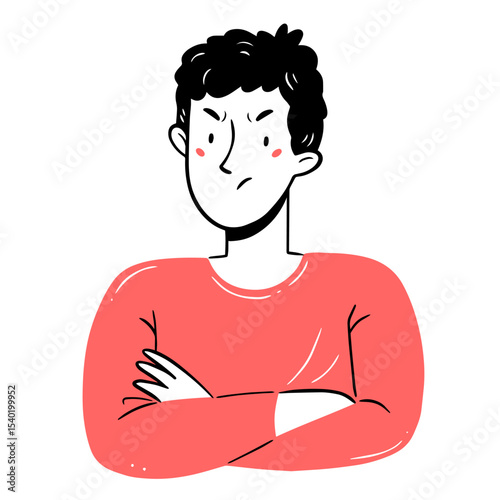 An angry, dissatisfied young man with his arms crossed over his chest in a simple linear doodle style. Vector isolated illustration