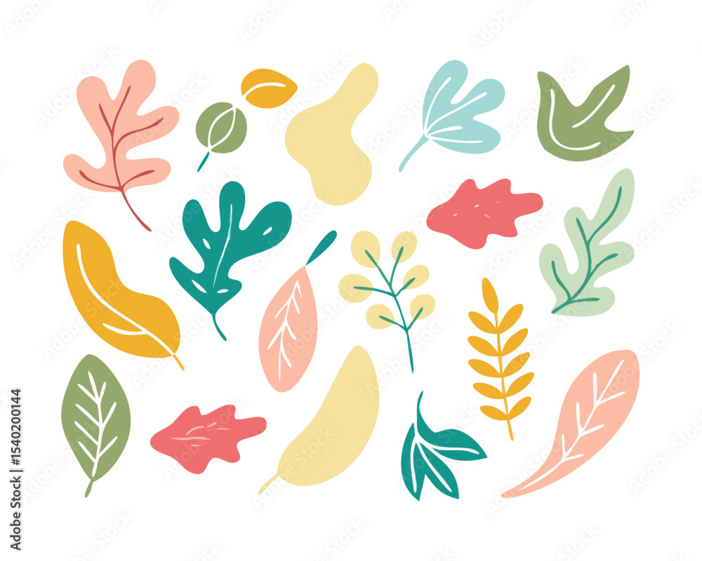 Fototapeta premium Minimal abstract organic leaf doodle vector set colorful, modern, and hand-drawn for nature-inspired designs.