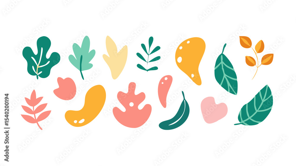 Obraz premium Minimal abstract organic leaf doodle vector set colorful, modern, and hand-drawn for nature-inspired designs.
