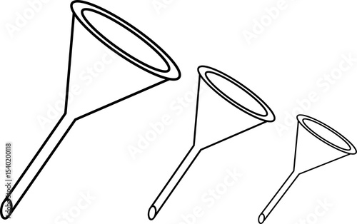 Illustration showing three evenly spaced funnels of varying sizes, ideal for liquid or material transfer. Suitable for laboratory, industrial, or household applications.