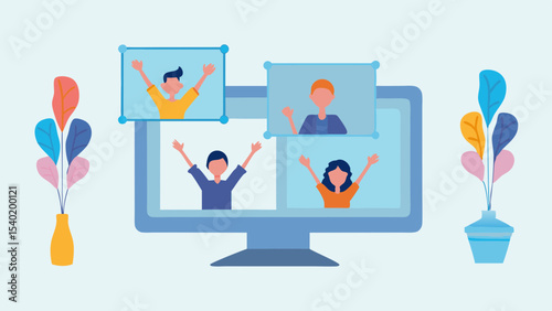 Illustration of a computer screen showing four people in a video conference call with plants beside it
