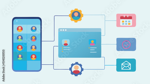 Illustration of a mobile device and a computer screen connected to various functions and features