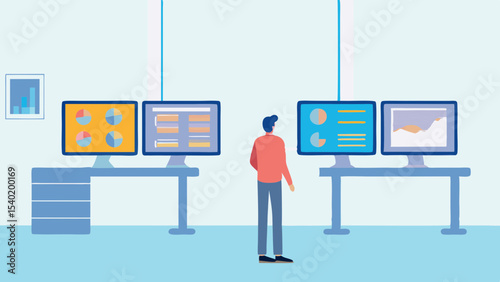 Person standing in front of two desks with monitors displaying charts and data visualizations in office room