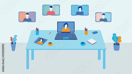 Illustration of a person on a video call with colleagues working from home on a light blue desk setup