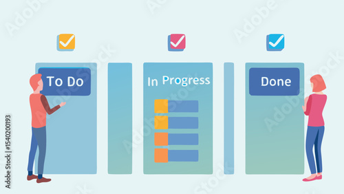 Illustration of a kanban board with to do in progress and done columns and two people standing near it