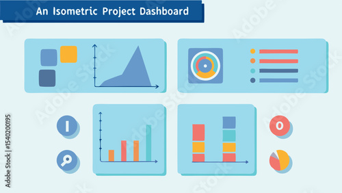 Illustration of a project dashboard with various charts and data representations in a light blue theme color