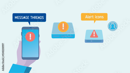 Illustration showing message threads on a phone and alert icons on storage devices and user icon