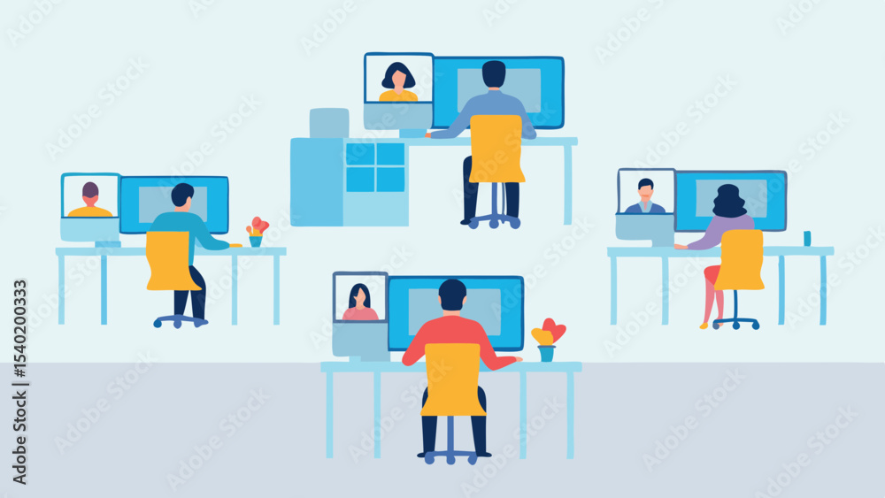 Fototapeta premium Illustration of people working remotely with video conferencing on multiple computers and screens