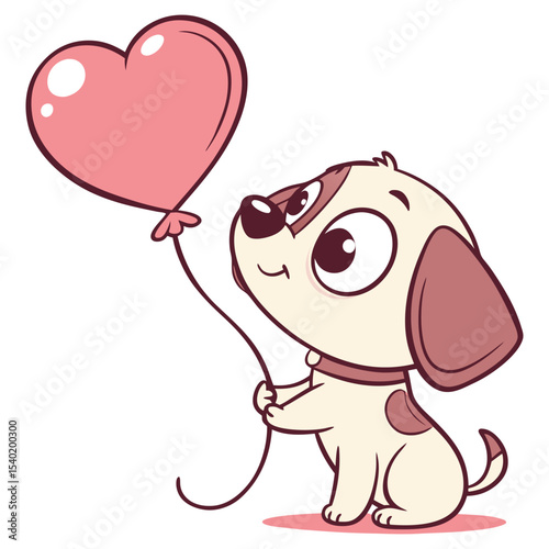 Cute cartoon puppy holding heart balloon vector — love and kindness illustration for kids and greeting cards