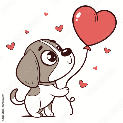 Cute cartoon puppy holding heart balloon vector — love and kindness illustration for kids and greeting cards