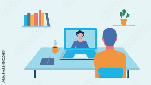 Person attending a video conference on a laptop at a desk with books and a plant in the background