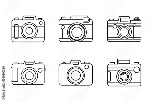 Six Black Outline Camera Icons White Background photography