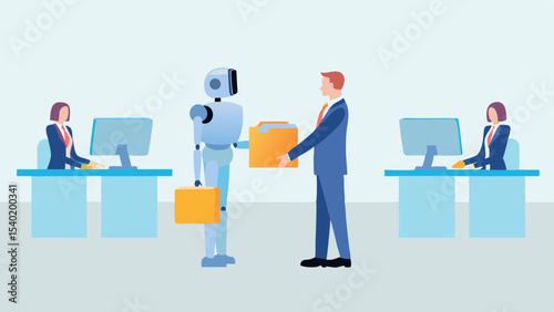 Robot handing a folder to a businessman in an office setting with two women at computers nearby